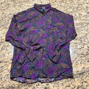 Bobbio Mens Rayon Button Down Shirt Medium Purple Floral Paisley Made in USA